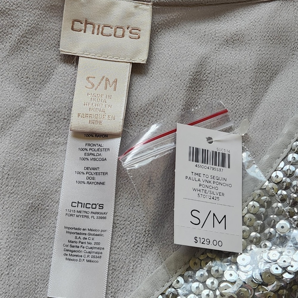 NWT Chicos Poncho Womens Top Size S/M Sequin Silver Sparkle Relaxed - Picture 4 of 8